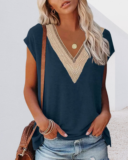 V-hals T-shirt met Kant