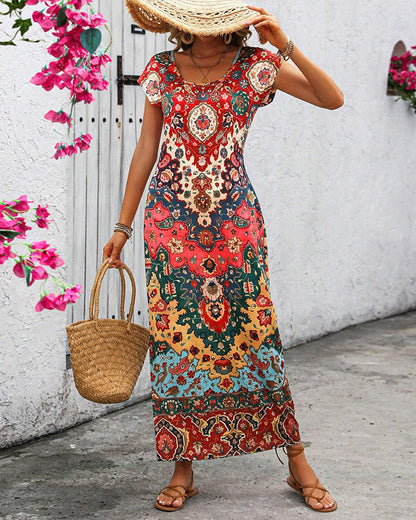 Kleurrijke casual jurk met print en splitten