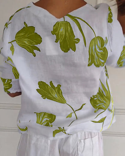 Top van katoen en linnen met bloemenprint